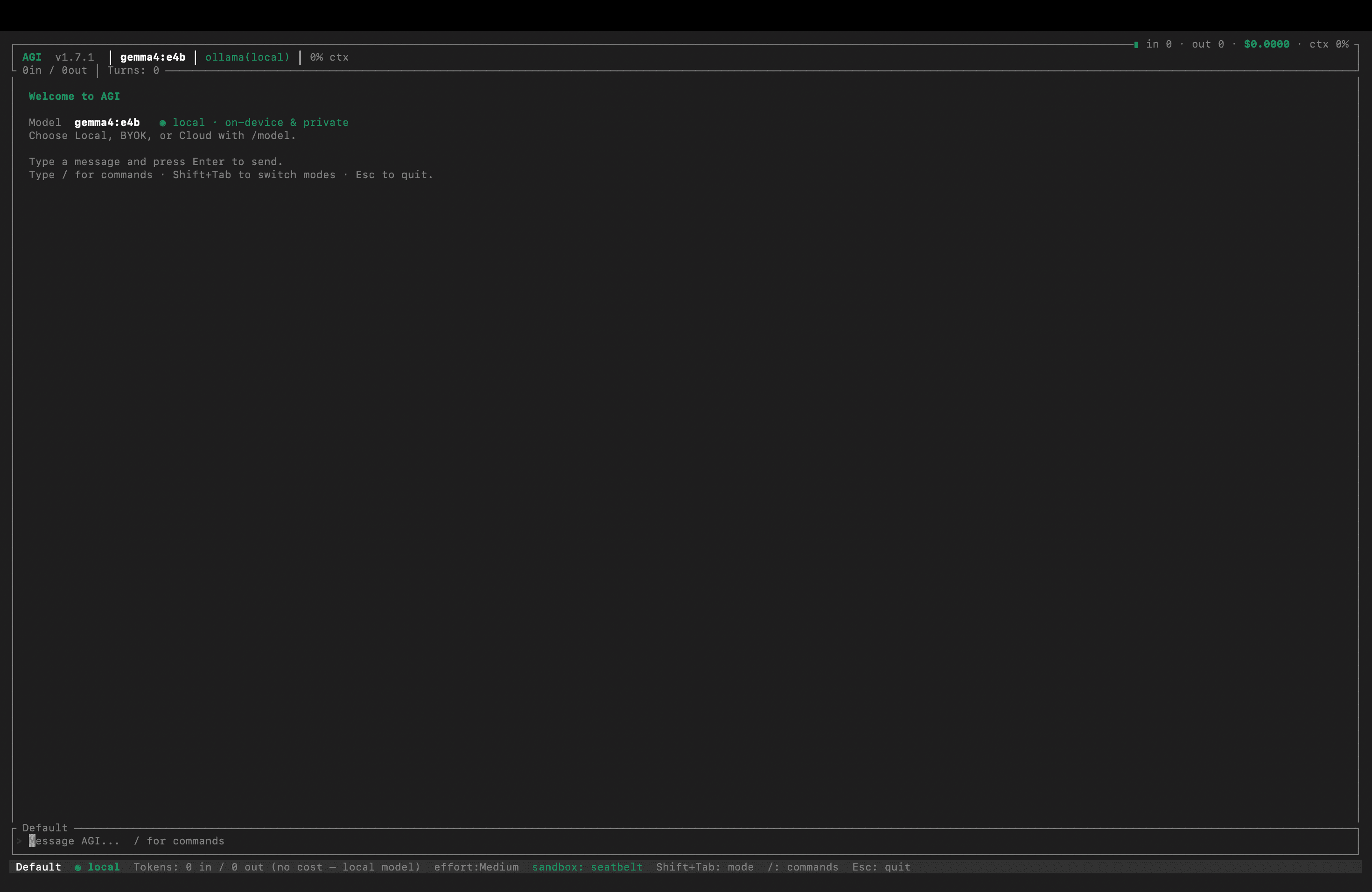 The agi terminal UI: local model via Ollama, cost HUD, sandbox on