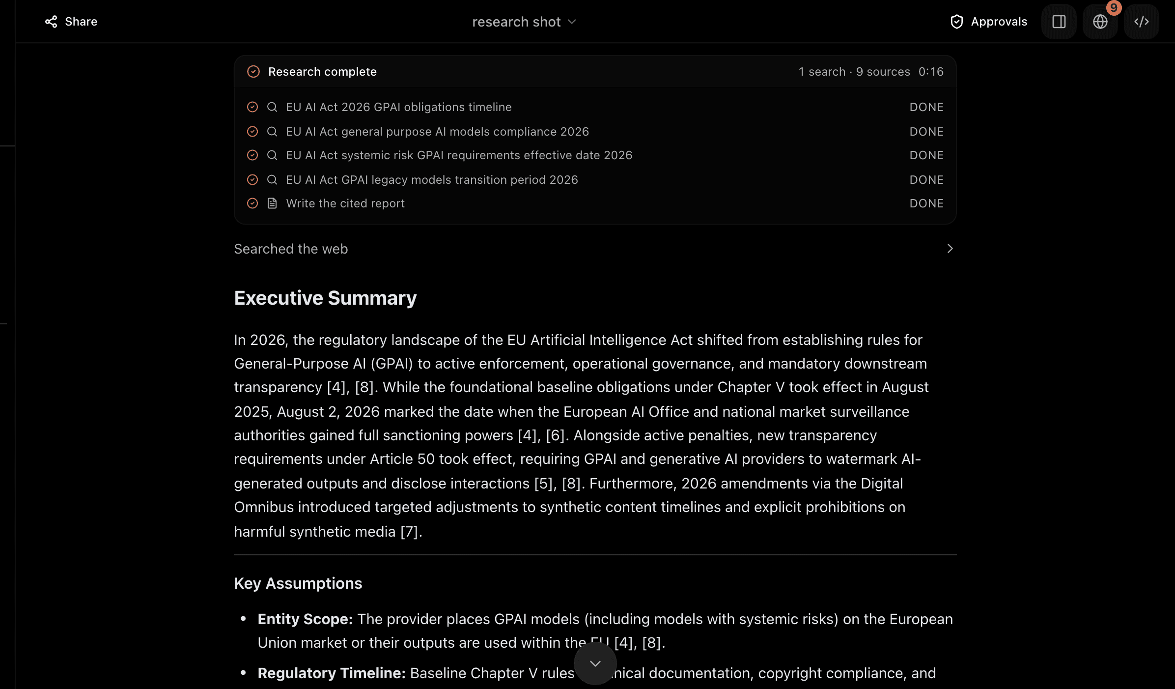 A finished AGI deep research report with numbered inline citations and a sources list